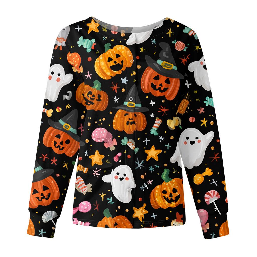 Women's Casual Fashion Long Sleeve Standing Collar Single Breasted Halloween Printed Workwear Jacket Tops