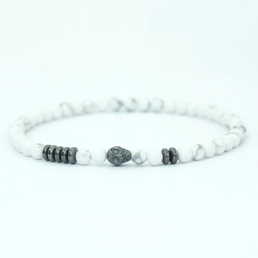 Stylish Men Skull Bracelet 4mm Onyx Howlite Obsidian Stone Strand Braslet Street Cool Riding Wrist Accessories Pulseria Hombre