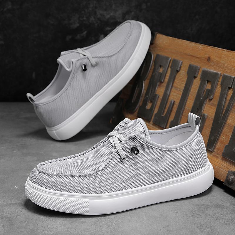 Modische Herren Schnür-Slipper für Freizeitkleidung, leichte weite Canvas-Slipper mit breiter Zehenbox, flache Bootsschuhe für Faule