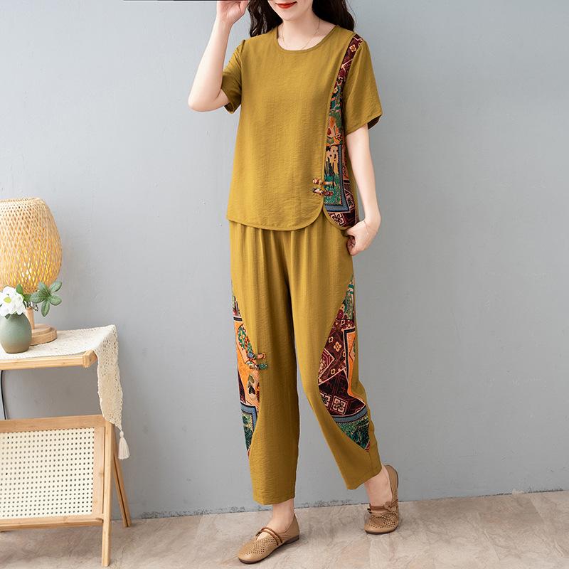 

Plus Size Summer Cotton-Linen Suit: Loose Two-Piece Set for Middle-Aged and Elderly Women, Printed Short-Sleeve Top 2XL [95-115 lbs]