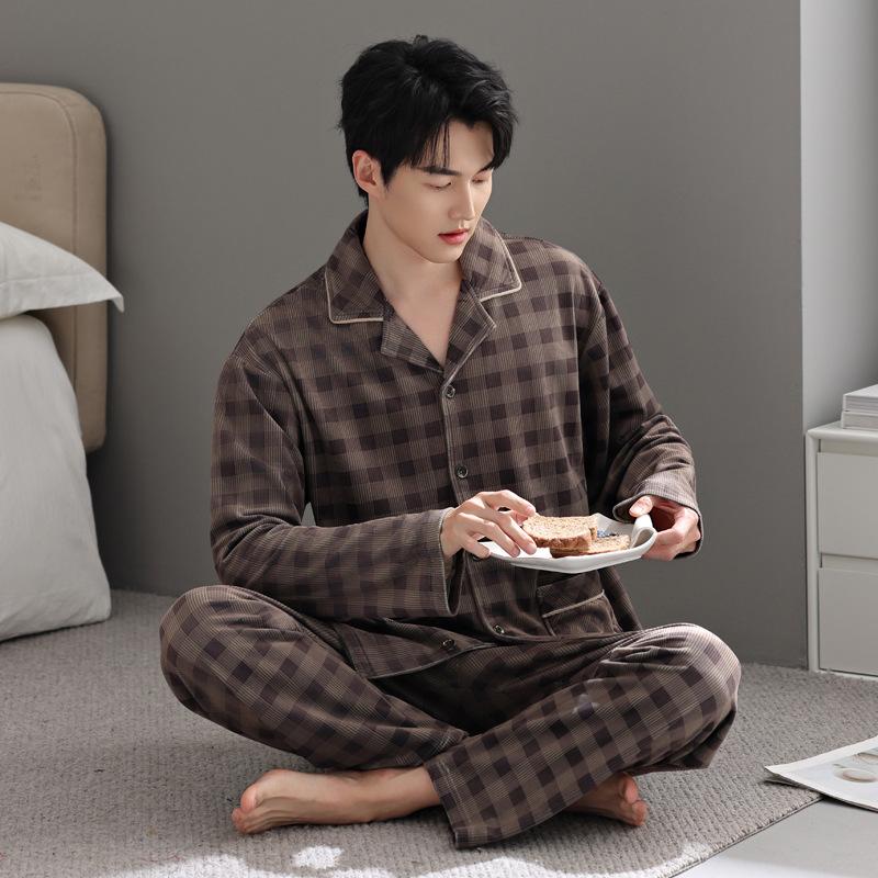 Pajamas Men'S Autumn And Winter Island Fleece Thickened Fleece Warm Coral Fleece Winter Plaid Thin Fleece Homewear Set
