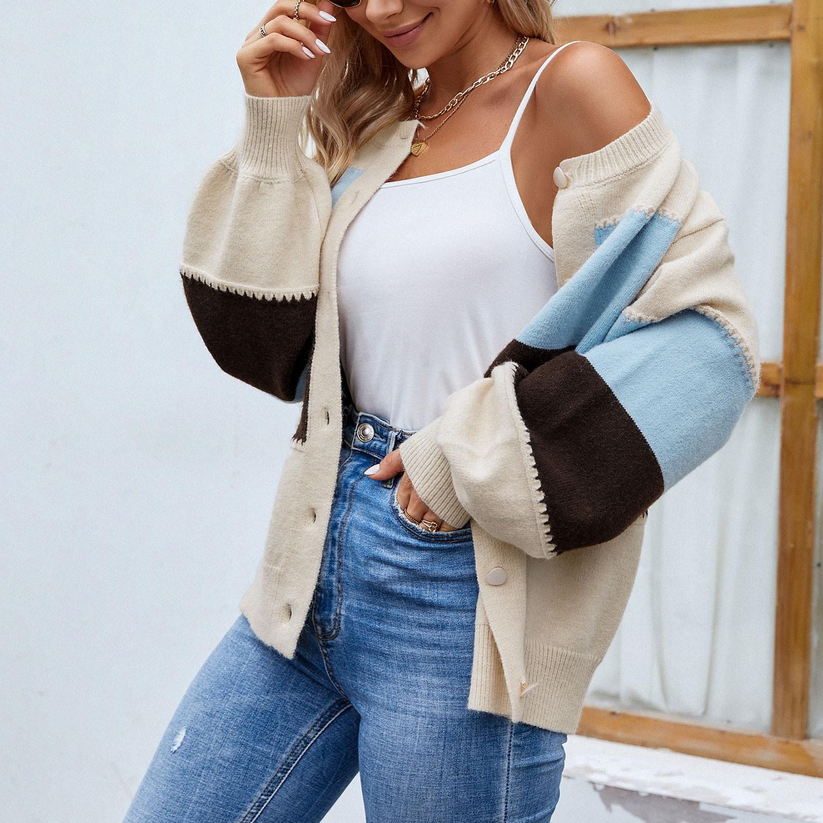 

Женская мода вскользь 2022 вязаный кардиган контрастного цвета с капюшоном-свитер пальто S бежевый