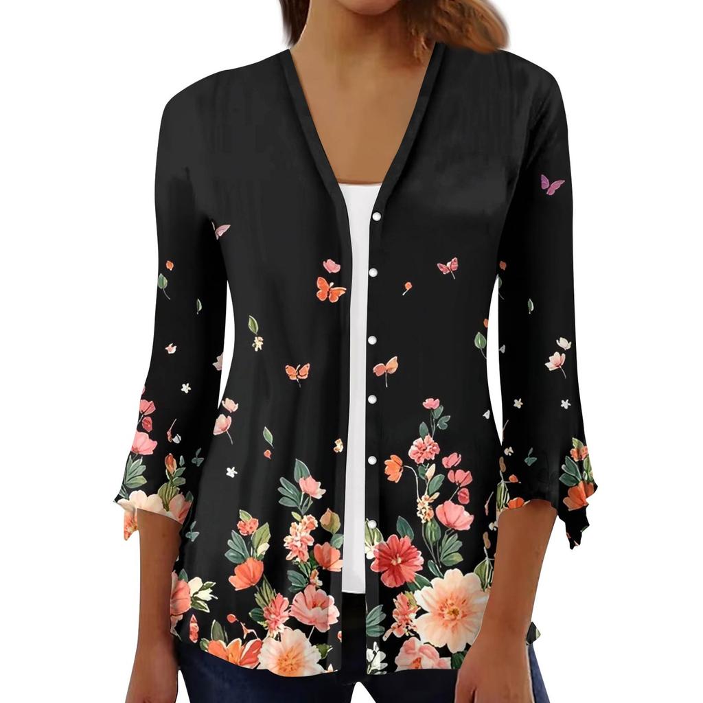 Women's Fashion Loose Casual Printed Seven-Part Sleeve Button Down Blouse Cardigan Top