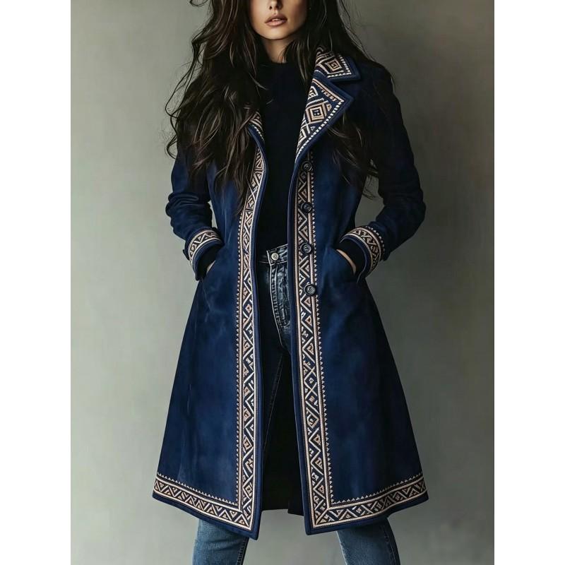 2026 Fall Winter Womens Faux Suede Trench Coat Printed Turn Down Collar Loose Fit Outerwear