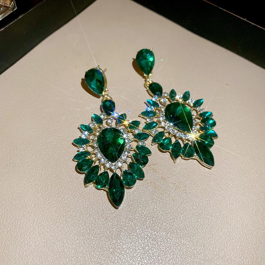 Emerald diamond leaf fringed earrings light luxury stud earrings women's European and American earrings