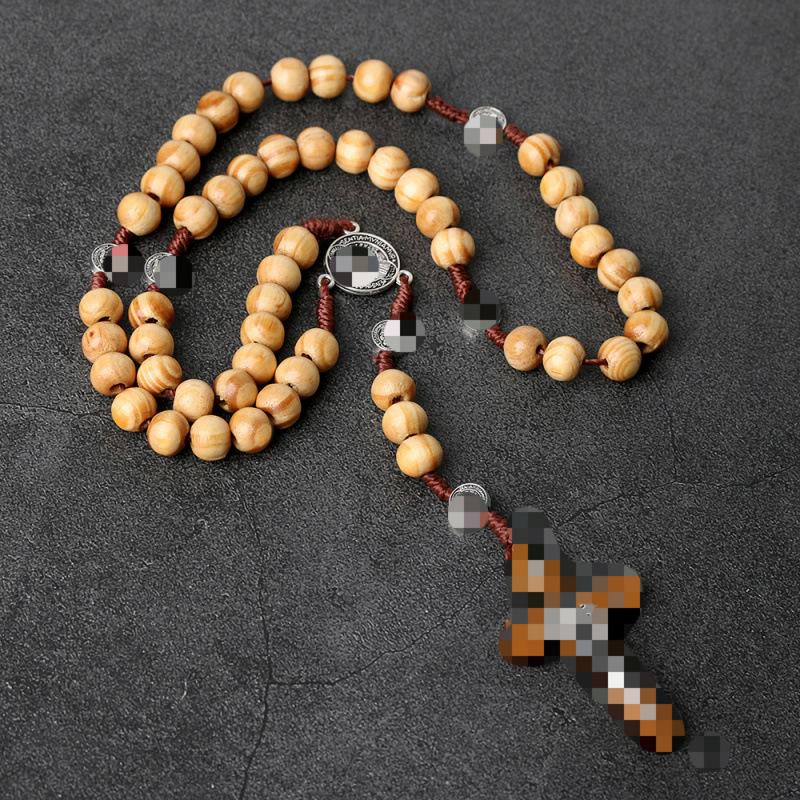 Hand-Knotted Natural Wooden Cross Rosary Necklace with 9x10 Coffee-Colored Wooden Beads