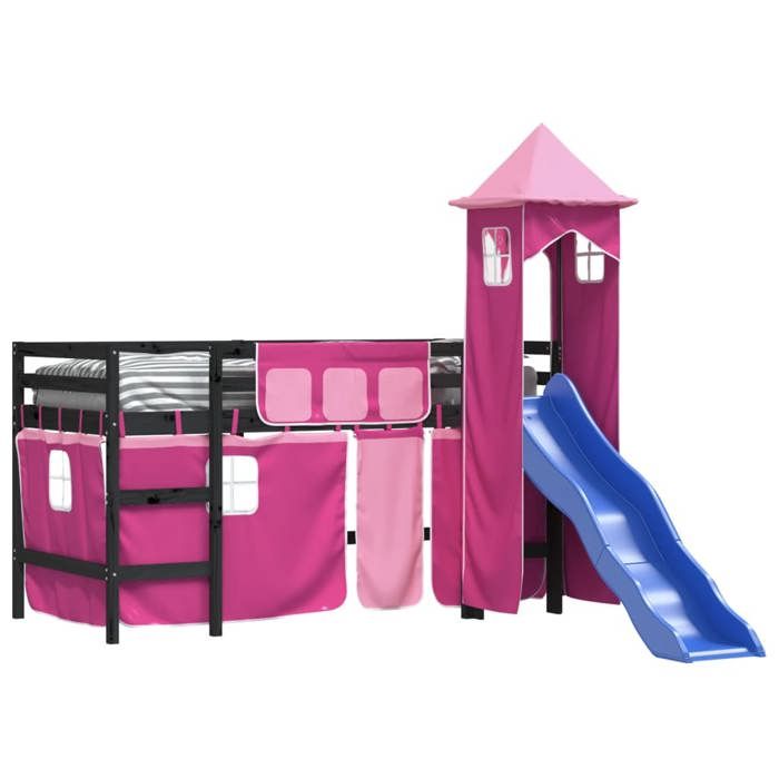 VidaXL Children's Mezzanine Bed with Tower, Elevated Bed for Children with Ladder, Bedroom Storage Furniture, Modern, Pink 3207071