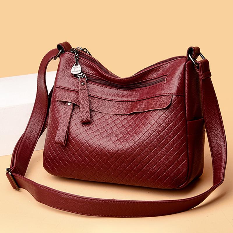 Middle-aged Handbag Embossed Diamond Pattern Shoulder Bag 2025 New Multi-layer Soft Leather Solid Color Large-capacity Multi-pocket Crossbody Bag