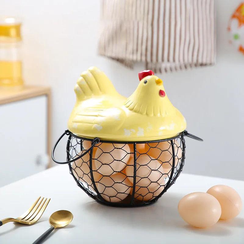 Iron Ceramic Hen Ornament Egg Fruit Storage Basket Cute Chicken Wire Metal Basket Living Room Fruit Vegetable Storage Bowls Creative Kitchen Rack