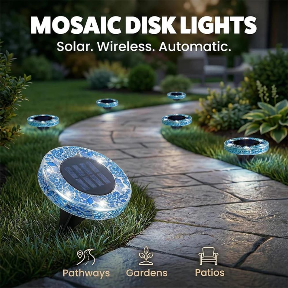 Luce Solare a Disco Mosaico, Illuminazione da Giardino Impermeabile in Vetro, Luci LED Decorative Colorate per Sentieri dal Tramonto all'Alba