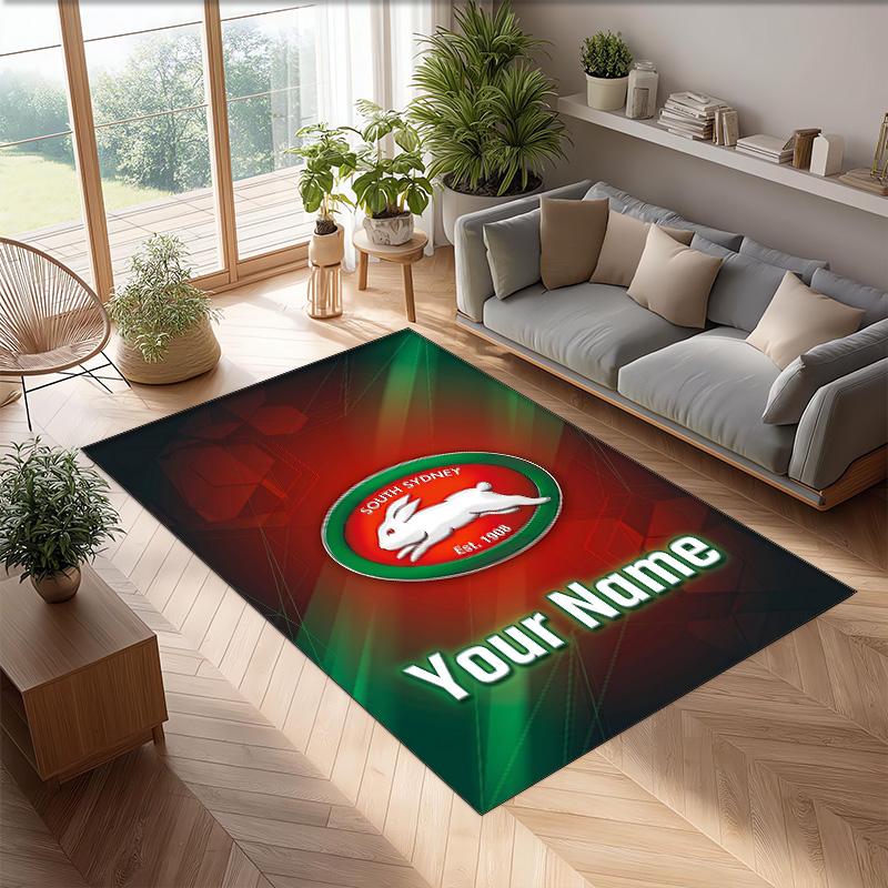South Sydney Rabbitohs Crystal Velvet Rug, Custom Name Text Personalized Non‑Slip Floor Mat for Home Decor Gift