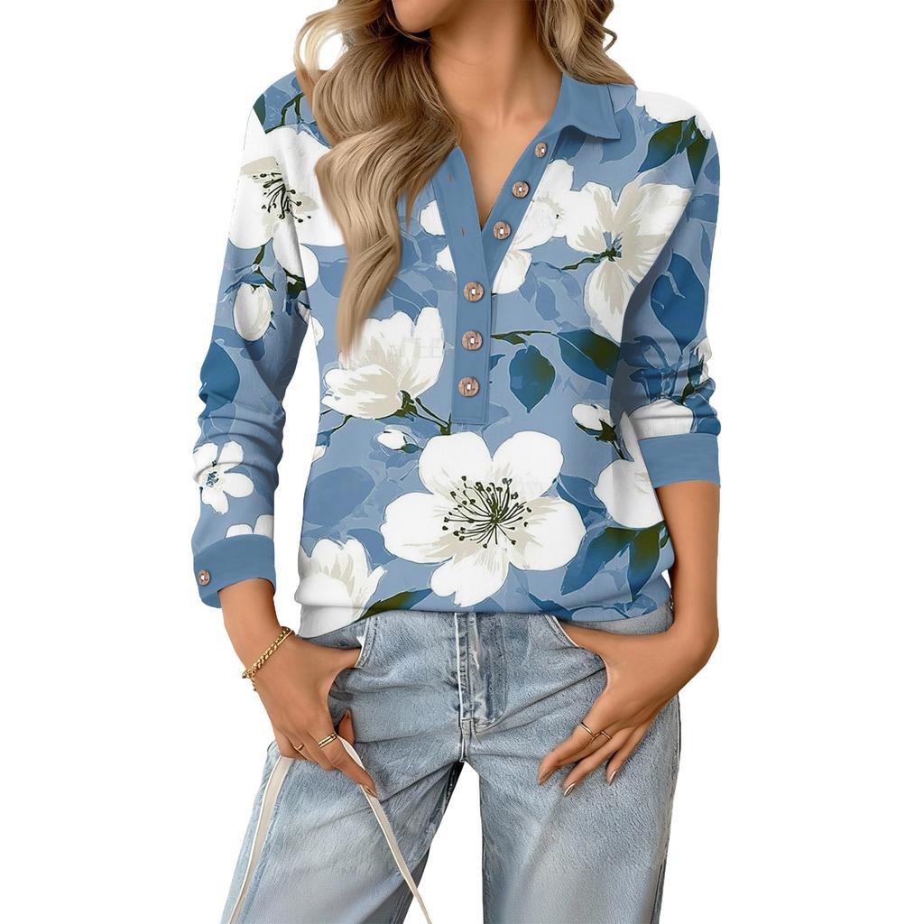 Women's Retro Street Lazy V,neck Long Sleeve Button Floral Print Pullover Top
