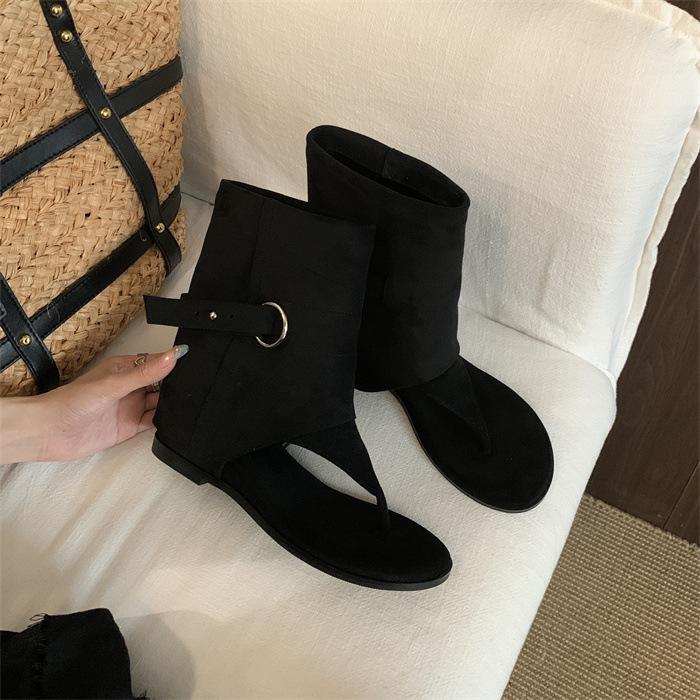 MUMIXI Blogger The Same Korean Belt Buckle Toe Inner Height Increase Cool Boots Summer Fashionable Open-toed Trousers Short Boots