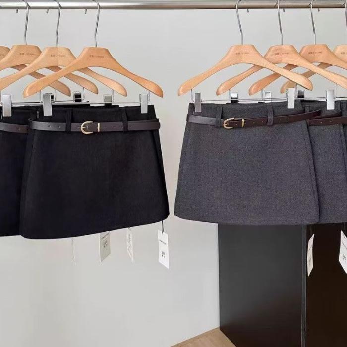 

Women s High-Waisted Woolen Safety Pants + Belt Set: Slim Fit, Thick Autumn/Winter Hip-Hugging A-Line Skirt 2XL