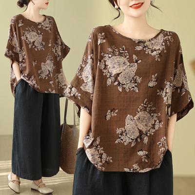 Loose Cotton Linen Plus Size Women's Printed T-shirt Summer Ethnic Style Batwing Sleeve Slimming Mom Floral Top