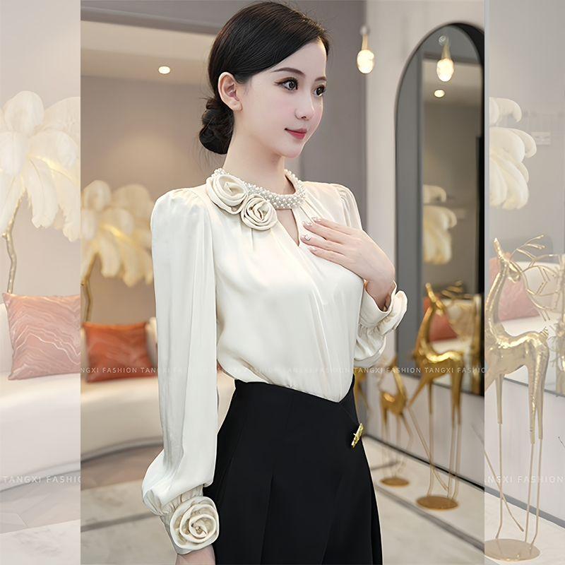 Women's Vintage Ruffle Hollow 3D Flower Blouse Office Lady Elegant Chic Luxury Commute Shirt Autumn Solid Long Sleeve Slim Tops