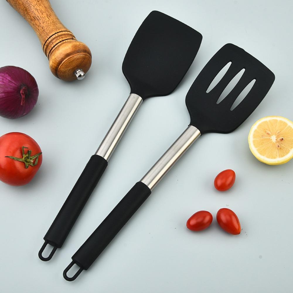 2pcs Stainless Steel Handle Steak Spatula Food Grade Silicone Stir Fry Turner  Nonstick Pan
