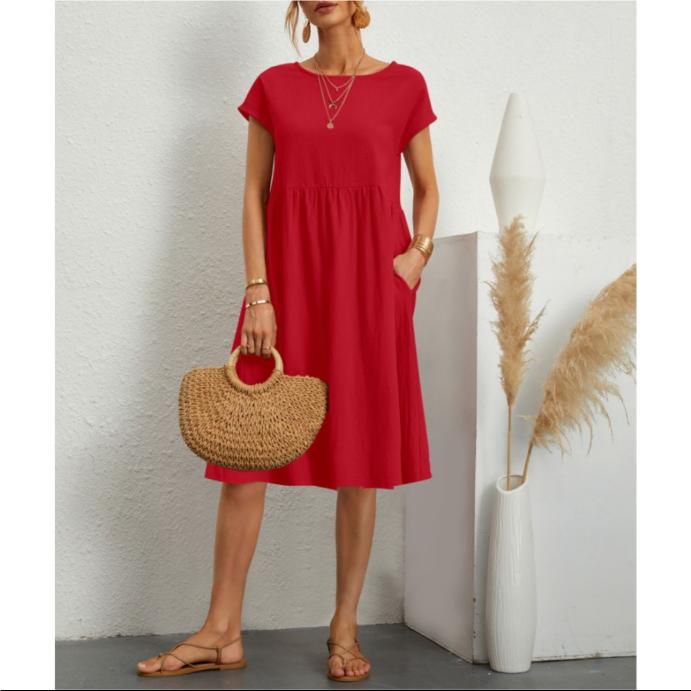 Women Vintage Solid Dress Summer Elegant O Neck Short Sleeve Cotton Linen Dresses Female Casual Loose Sundress Long Dress