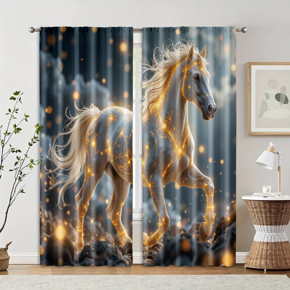 

2 шт., фильтрующие шторы (исключая удилища, неподвижный, без батареек) Белая лошадь с золотым узором для использования в спальнях 29x65in(75x166cm)