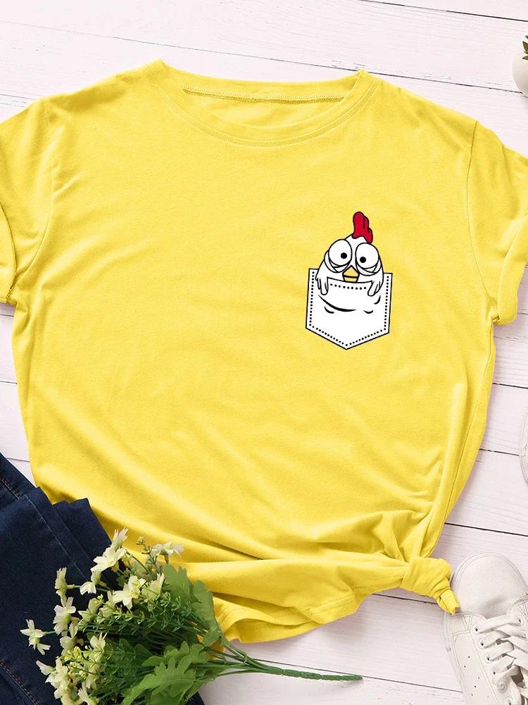 Pocket Chick Print Women T Shirt Short Sleeve O Neck Loose Women Tshirt Ladies Tee Shirt Tops Clothes Camisetas Mujer
