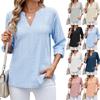 Spring Summer New Women's Solid Color V-Neck 3/4 Sleeve Button Down Loose T-shirt Top for Leisure Leisure Europe America