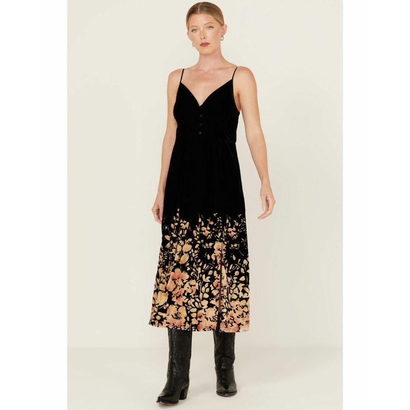 

UO s beyond Gorgeous Velvet + Hem Positioning Print Retro Mid-Length Sling Dress Black Velvet Floral M