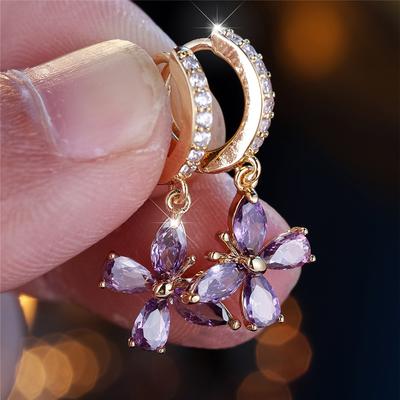 Fashion Crystal Purple Zircon Butterfly Dangle Earrings for Women Vintage Gold Color Wedding Jewelry
