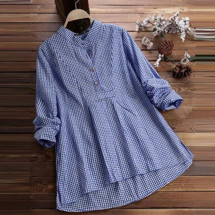 Plus Size Women Casual Loose Swing Blouse Plaid Tunic Tops Long Sleeve Button Up Lapel Pleated Flowy T Shirts