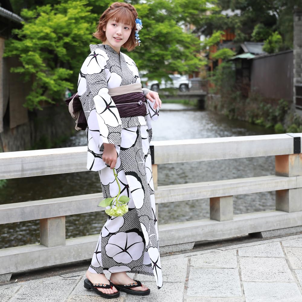 Adult Plus Size Yukata Set with Separate Set Large Morning Glory Pattern with Shibori Sizes Women's Obi, 3-Piece (3. Pattern, 4L-5L)