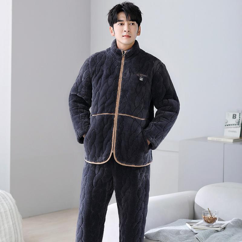 Winter Coral Fleece Pajamas Men'S Three-Layer Padded Cotton Thickened Warm Zipper Flannel Loungewear Padded Jacket Fleece Set