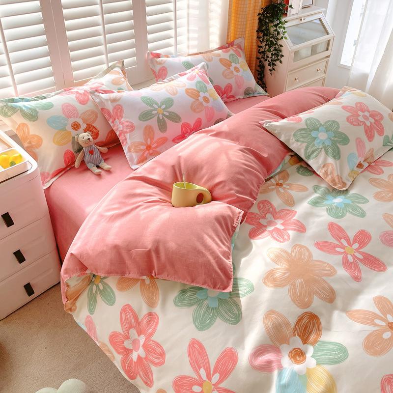 INS Double-sided Availability Pink Blue Cute Cat And Rabbit Bedding Set Duvet Cover Sheets With Pillowcases Full Size Bedroom
