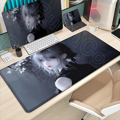 Black Anime Dark Girl Desk Mat Large Mouse Pad Office Keyboard Edge Locking Desk Mat Gaming Accessories Nonslip Rubber Mousepad