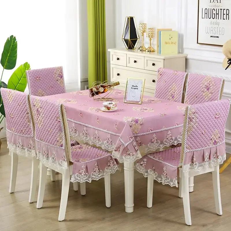 European Style Non Slip Dining Table Fabric Lace Edge Printed Chair Cover Four Seasons Universal Dining Chair Cushion Cover