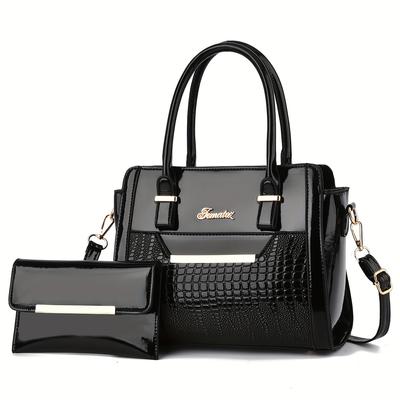 Conjunto de Bolsa Feminina Clássica de Cor Sólida : Bolsa de Ombro Texturizada Estilosa com Alça Superior com Carteira Longa Clutch