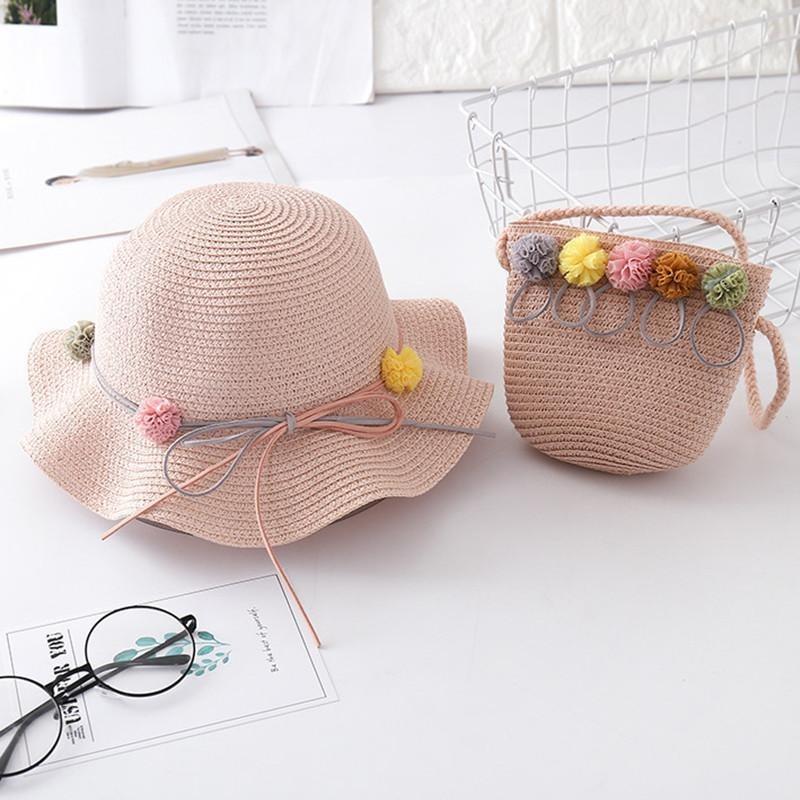 Strohhut für Kinder Sommer Mädchen Strandhut Kinder Sonnenhut Mädchen Sommer Strohhut Tasche Set Sonnenschutz Japan