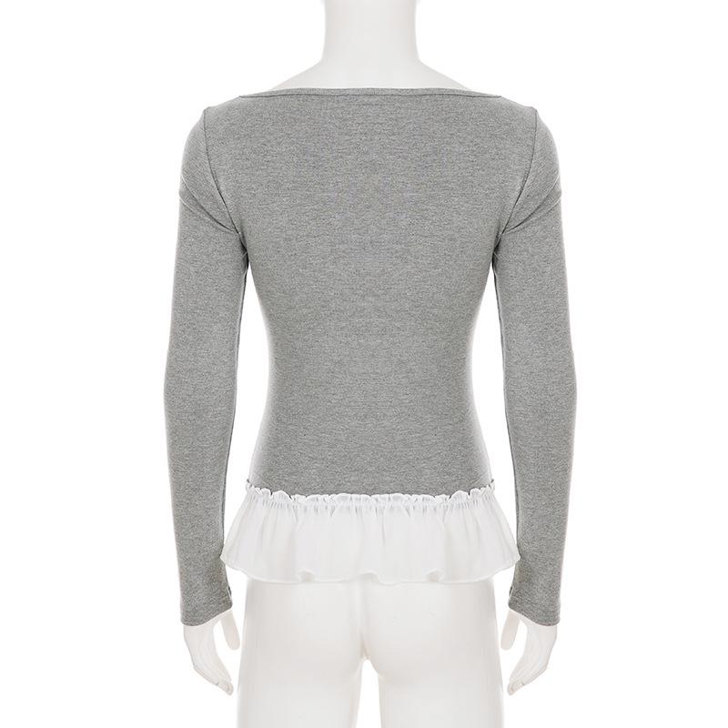 European Faux Two-Piece Lace Long-Sleeve T-Shirt, Slimming & Flattering Autumn Top for Women
