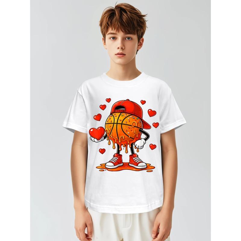 European Sizes Soft Breathable Valentine Basketball Heart Drip Sport Valentines Day T-Shirt for Kids | Boys & Girls Graphic Tee - Round Neck