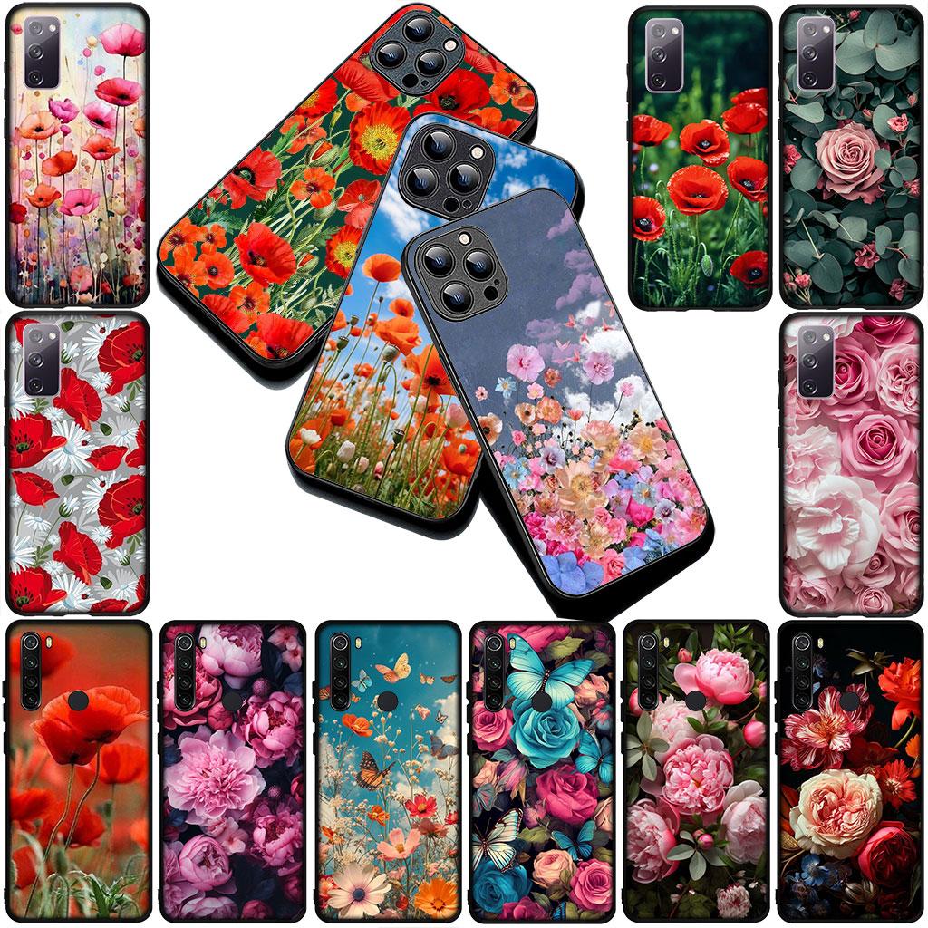Phone Cover for Samsung Galaxy S25 S24 S23 FE Ultra Plus S7 Edge S25+ S23+ A56 5G Funda Casing Soft Case Poppy Flower Bloom Rose