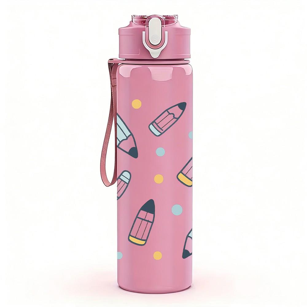 1PC Pen Pencil Stationery Doodle Pattern 750ml Color Plastic Sports Water Bottle Leakproof Flip Straw Lid Suitable for Sports Office Home Use