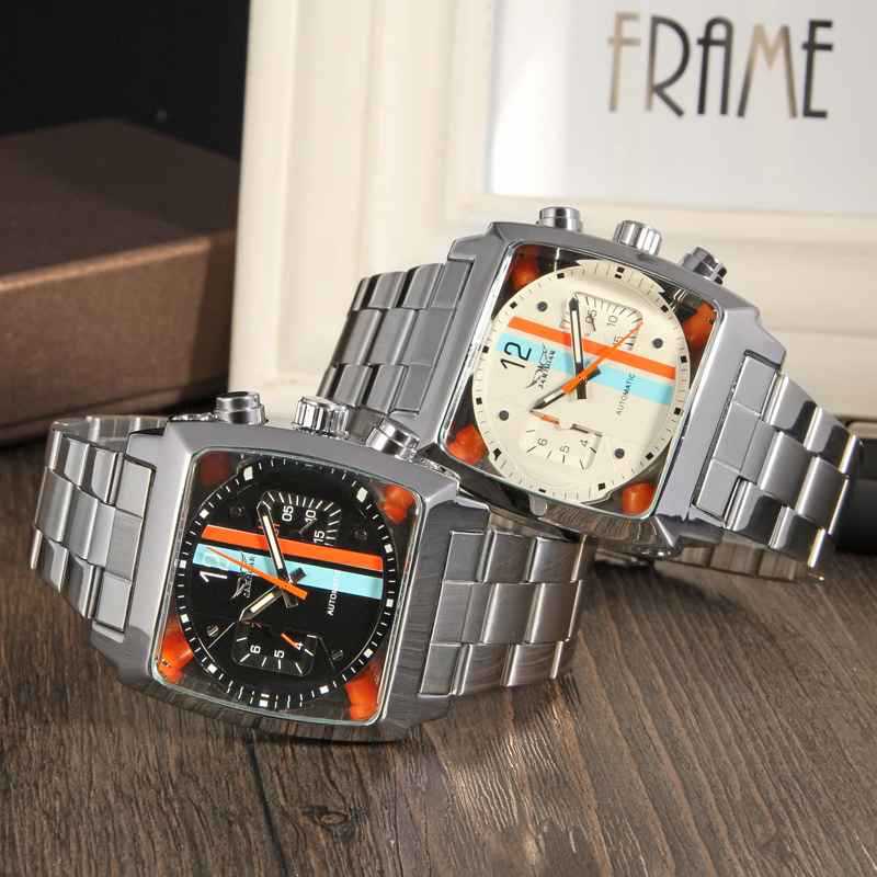 569 Orologi Meccanici Automatici da Uomo Design Retro Moda Data Giorno Impermeabile Cinturino in Acciaio Quadrante Quadrato Orologio da Polso da Uomo