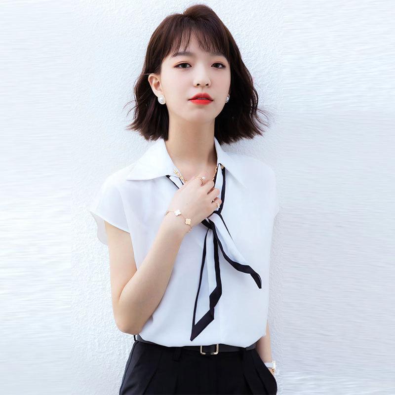 Mall 1116 Women's Summer New Occupation with Ribbon Decorative Chain Short Sleeve Shirt 1111119