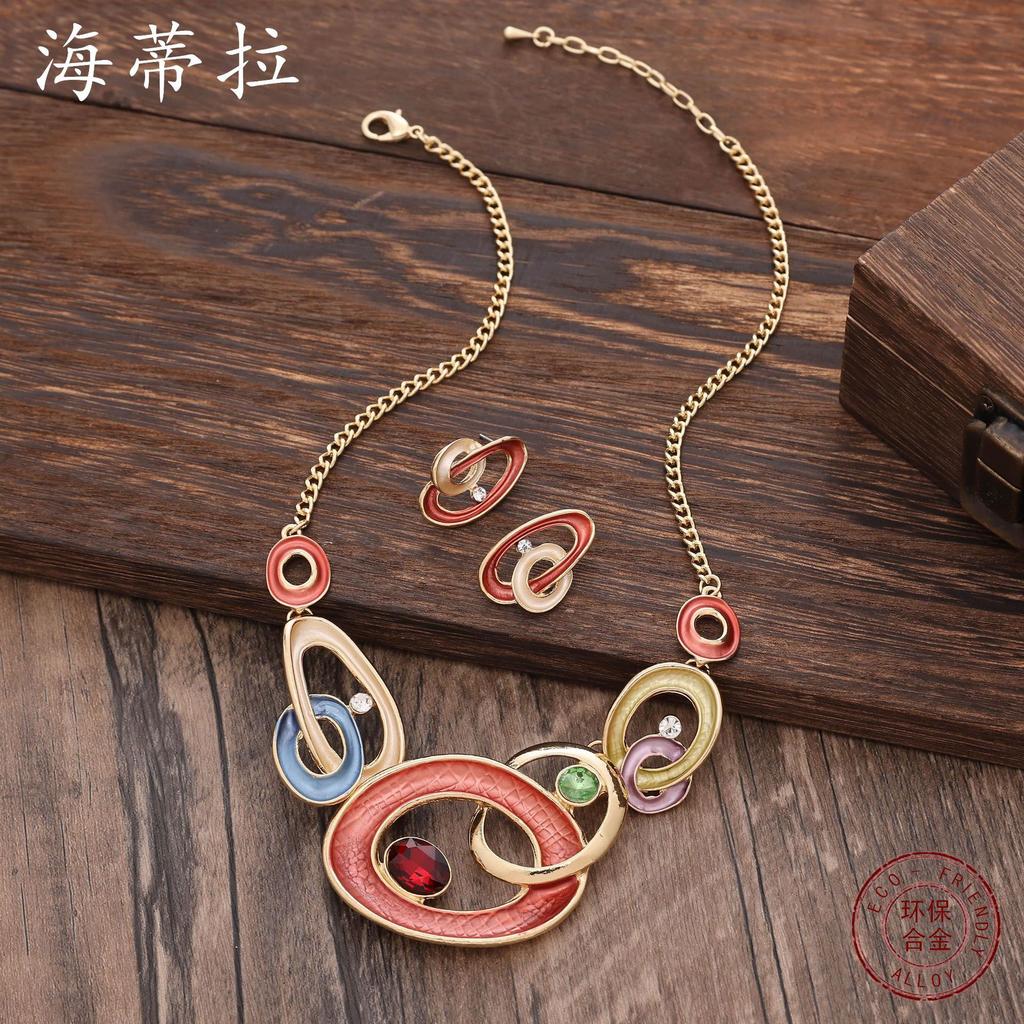 Color painting oil geometric hollow round stud earrings necklace set, fashionable and high-end women's jewelry