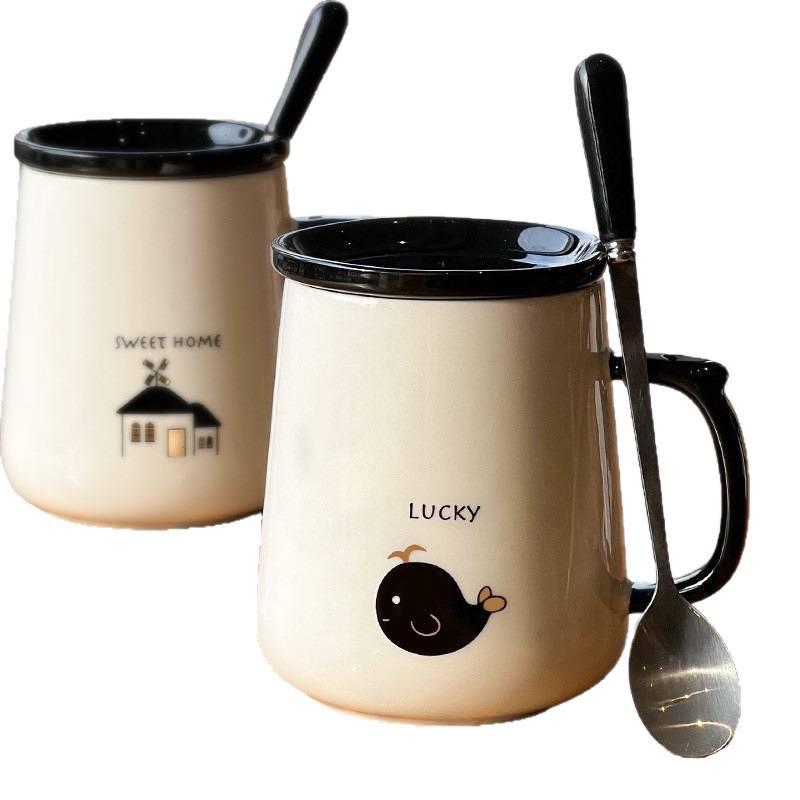 Ceramic Mug with Lid & Spoon - Cute Children's Design, Perfect for Home, Office, or Breakfast Coffee
