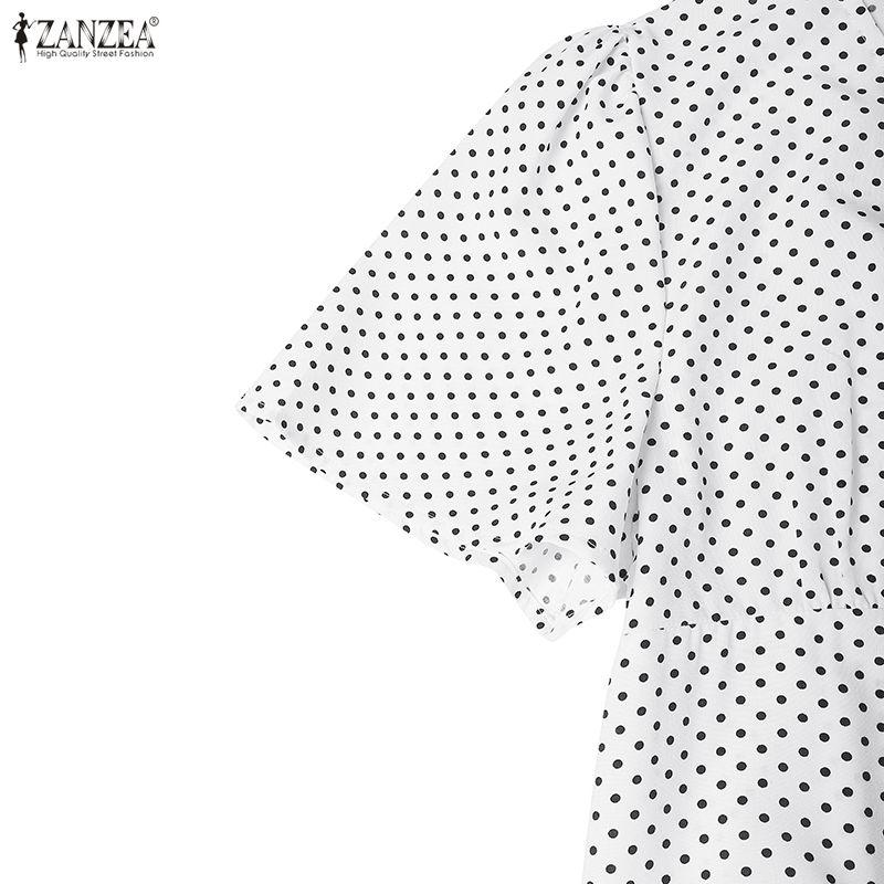 ZANZEA Women Casual V-Neck Polka Dot Print Short Sleeve Dress