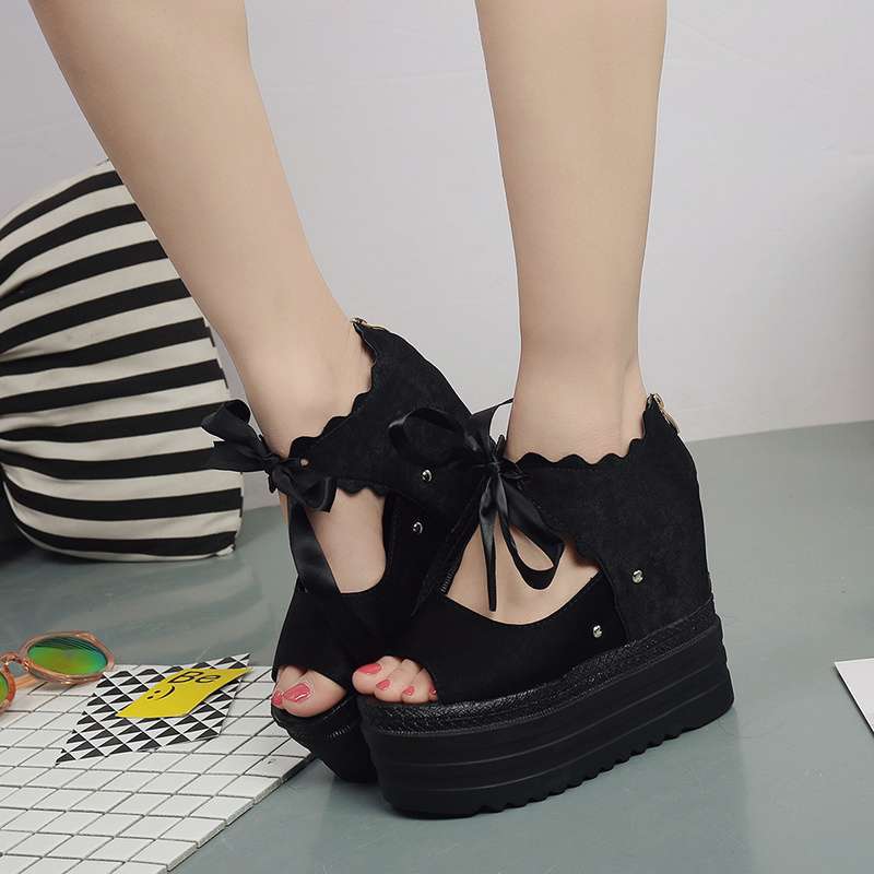 2025 Summer Bow Korean Version of the New Super High Heel Wedge Thick Sole Inner Height Increase and Thin Hollow Fish Mouth Sandals Women