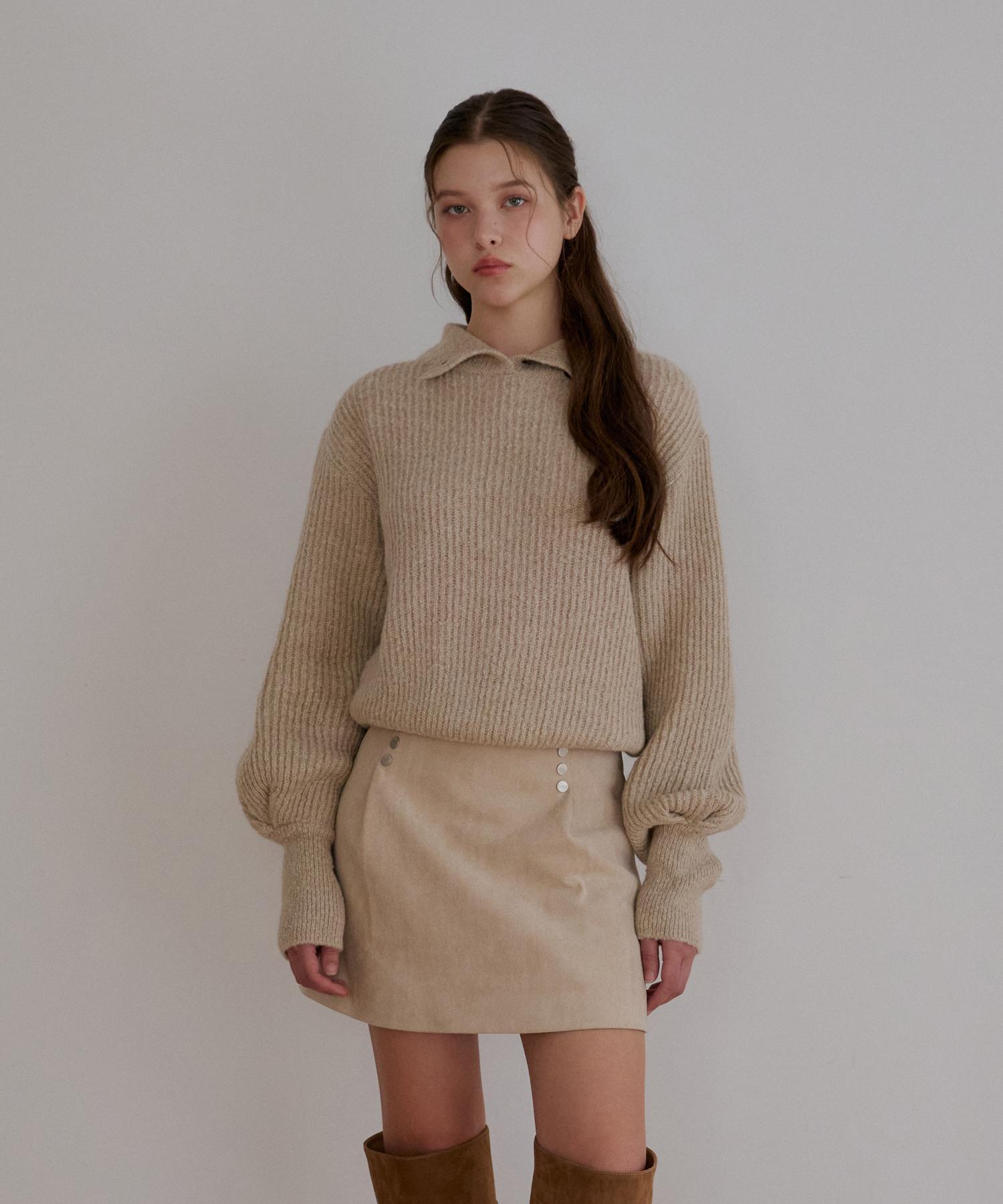 Odier Alpaca Button Puff Wool Pullover - Beige Beige/One