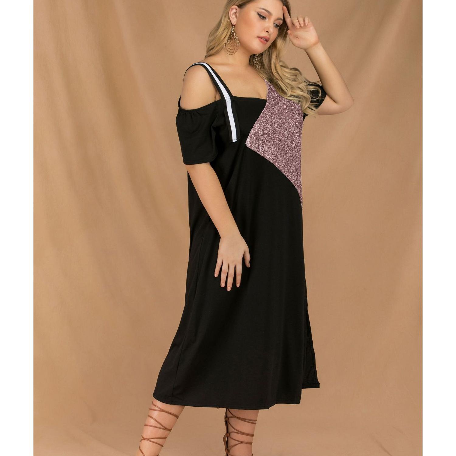 Лоскутное платье с вырезом на плечах для женщин — фото 7