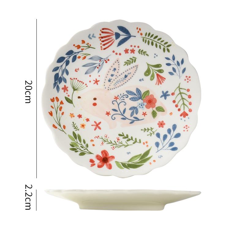 8 Zoll Bunter Hase Speiseteller Unterglasur Keramik Speisegeschirr Dessert Flache Platte Blume Häschen Geschirr Mikrowellengeeignet