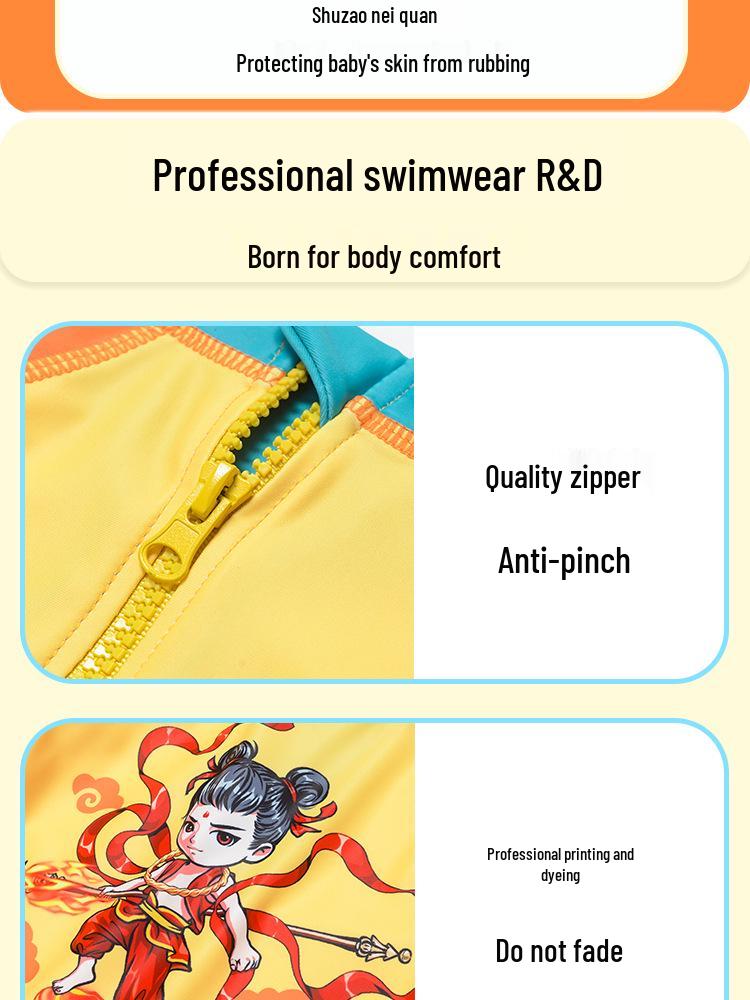 Nezha Boys' Cartoon Swimwear 3-Piece Set: Long Sleeve, Shorts, Seaside Style
