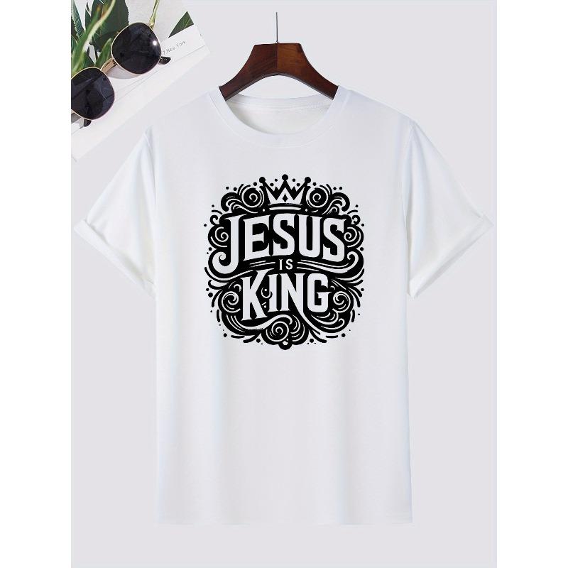 European Size Men's Casual Summer Jesus Is King Graphic Print T-Shirt, Crew Neck, Short Sleeve, Machine Washable